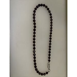 Vintage Ruby Red Faceted Glass Bead Necklace Sterling Silver Clasp Czech Style